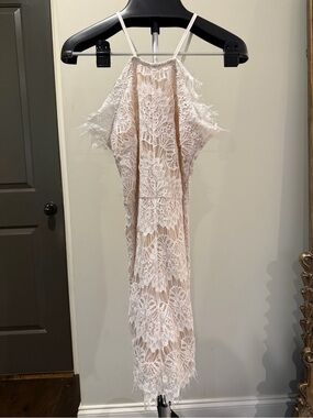 Cals Blush Lace Halter Midi Dress Fringe Detail Size Medium